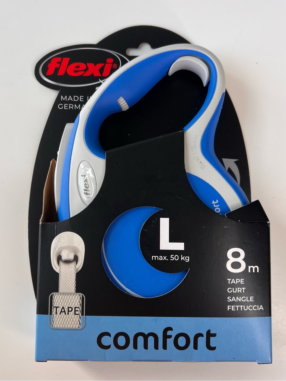 New Flexi Comfort Retractable Tape Leash - Size Large, 8m (Blue)